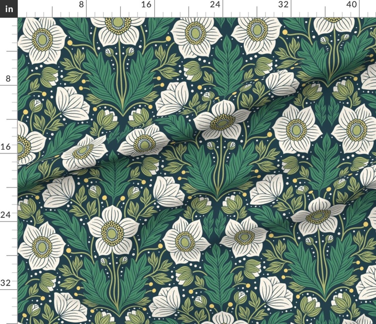 Flowers Green Blue Botanical Cottagecore Floral Dark Victorian Arts And Crafts Custom Printed Fabric by Spoonflower Various Fabrics by the Yard or Fat Quarter